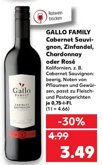 Kaufland Gallo Family Cabernet Sauvignon, Zinfandel, Chardonnay oder Rosé 0,75L Angebot