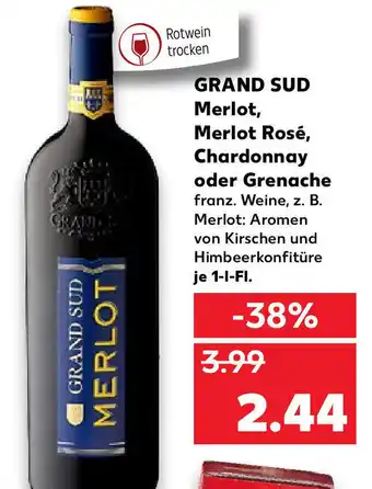 Kaufland Grand Sud Merlot, Merlot Rosé, Chardonnay oder Grenache 1L Angebot