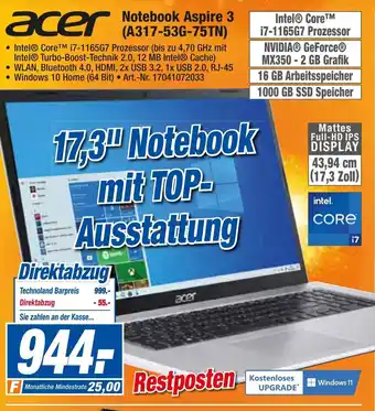 expert Techno Land acer Notebook Aspire 3 (A317-53G-75TN) Angebot