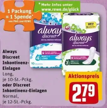 REWE PETZ Always Discreet Inkontinenz Einlagen oder Discreet Inkontinenz Einlagen Angebot