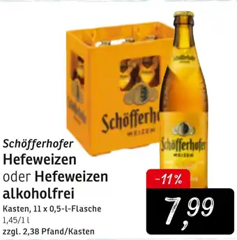 KONSUM Schöfferhofer Hefeweizen oder Hefeweizen  alkoholfrei 11x0,5L Flasche Angebot