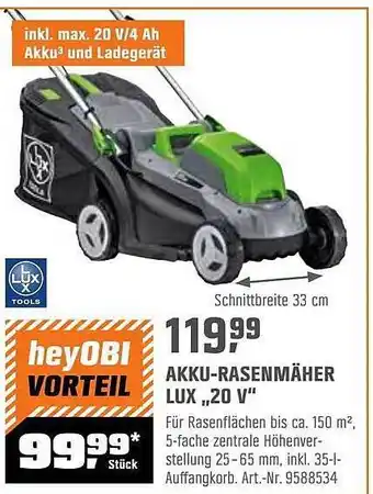 OBI Akku-rasenmäher Lux „20 V” Angebot