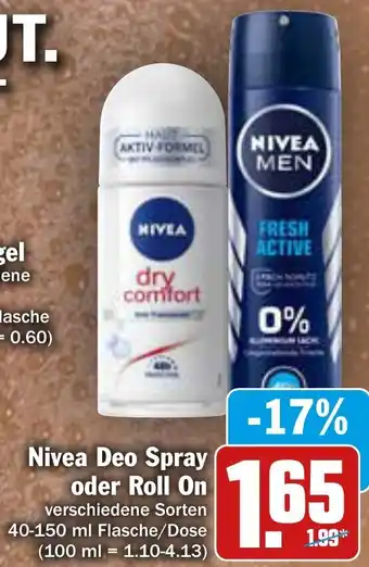 AEZ Nivea Deo Spray oder Roll On 40-150ml Flasche/Dose Angebot