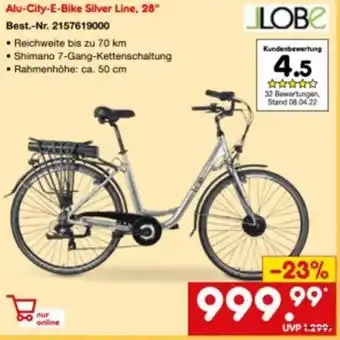 Netto Marken-Discount Jlobe Alu City E-Bike Silver Line, 28" Angebot