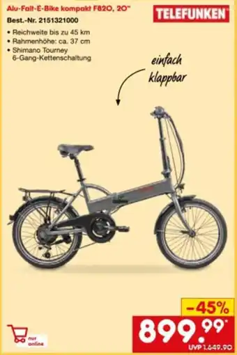 Netto Marken-Discount Telefunken Alu Falt E-Bike kompakt F820, 20" Angebot