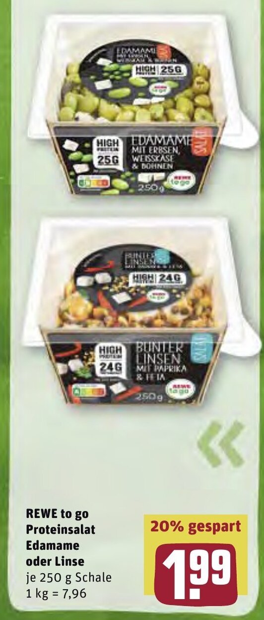 Rewe to go Proteinsalat Edamame oder Linse 250g Angebot bei REWE