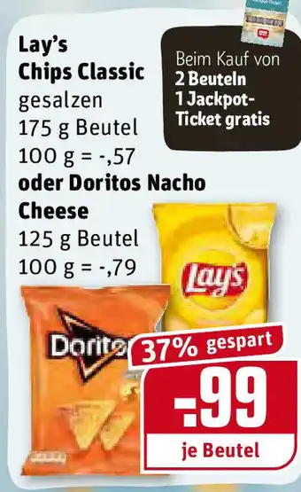 REWE Lay's Chips Classic 175g Beutel oder Doritos Nacho Cheese 125g Beutel Angebot