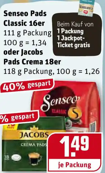 REWE Senseo Pads Classic 16er oder Jacobs Pads Crema 18er Angebot