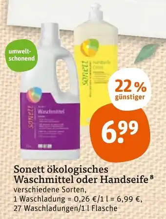 tegut Sonett ökologisches Waschmittel oder Handseife 27 Waschladungen/ 1 L Flasche Angebot