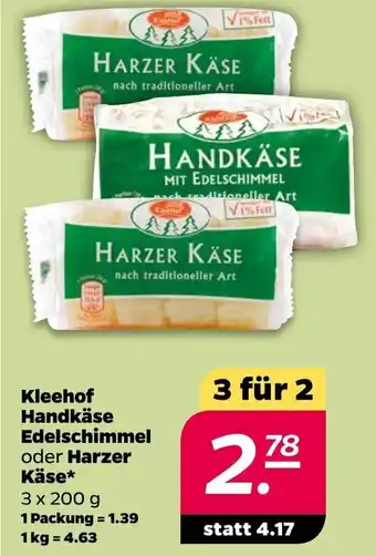 NETTO Kleehof Handkäse Edelschimmel oder Harzer Käse 3 x 200 g Angebot