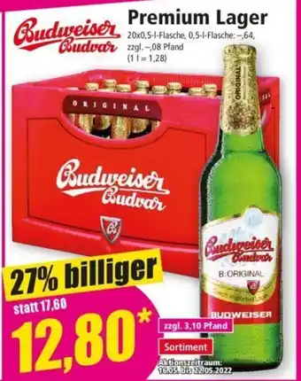 Norma Budweiser Budvar Premium Lager 20x0,5 L Flasche Angebot