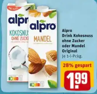 REWE City Alpro Drink Kokosnuss ohne Zucker oder Mandel Original 1L Angebot