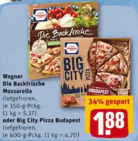 Wagner Die Backfrische Mozzarella 350g oder Big City Pizza Budapest