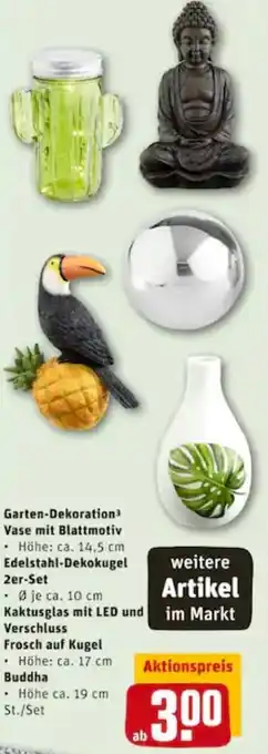 REWE City Garten Dekoration Vase mit Blattmotiv, Edelstahl Dekokugel 2er Set, Kaktusglas Mit LED und Verschluss, Frosch auf Kugel Angebot