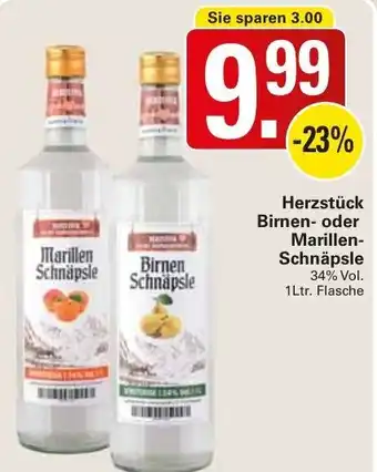 WEZ Herzstück Birnen oder Marillen Schnäpsle 1Ltr. Flasche Angebot