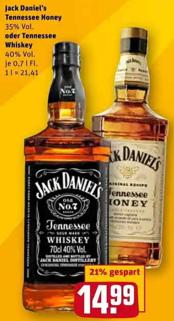 REWE Jack Daniel's Tennessee Honey oder Tennessee Whiskey 0,7 L Fl. Angebot