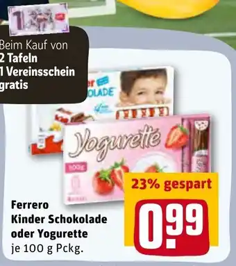 REWE Kaufpark Ferrero Kinder Schokolade oder Yogurette 100 g Pckg. Angebot