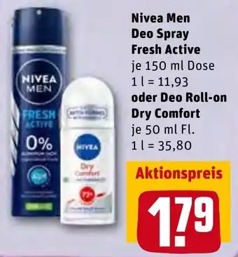 REWE Nivea Men Deo Spray Fresh Active 150ml oder Deo Roll on Dry Comfort 50 ml Angebot