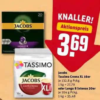 REWE Center Jacobs Tassimo Crema XL 16er 132,8g oder Lungo 8 Intenso 20er 104 g Pckg. Angebot