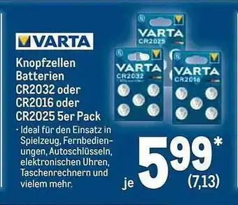 METRO Varta Knopfzellen Batterien Cr2032, Cr2016 Oder Cr2025 5er Pack Angebot