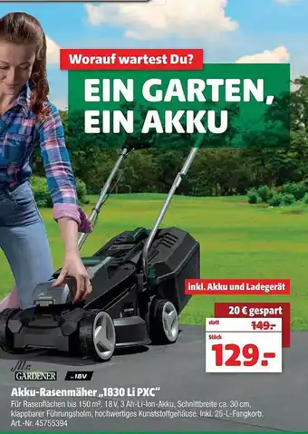 Hagebau Mr. Gardener Akku-rasenmäher „1830 Li Pxc“ Angebot