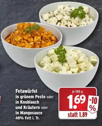 Wasgau Fetawürfel in grünem Pesto oder und Kräuter oder in Mnagosauce 100g Angebot