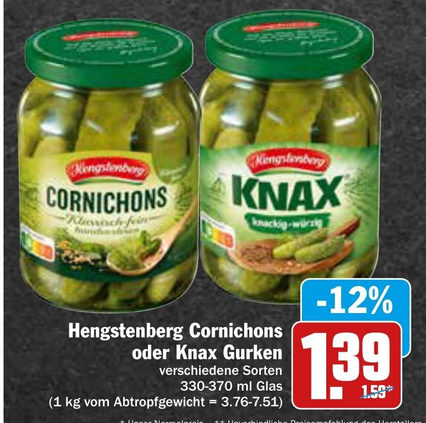Hengstenberg Knax Gurken o. Cornichons 330370g Angebot bei AEZ