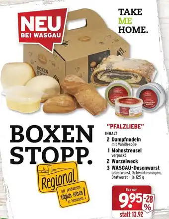 Wasgau ''Pfalzliebe" 2 Dampfnudeln, 1 Mohnstreusel, 2 Wurzelweck 3 Wasgau Dosenwurst Angebot