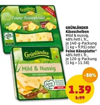 PENNY Grünländer Käsescheiben 140g oder Feine Käseplatte 120 g Packung Angebot