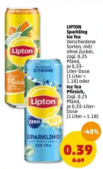 PENNY Lipton Sparkling Ice Tea 0,33L oder Ice Tea Pfirsich 0,33 Liter Dose Angebot