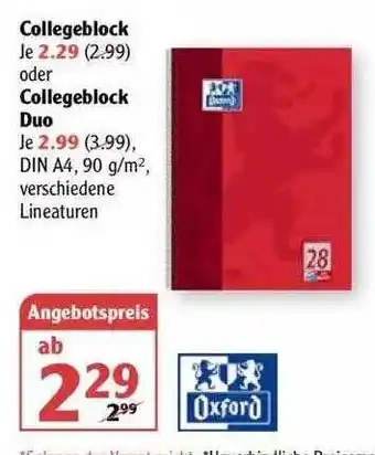 Globus Collegeblock Oder Collegeblock Duo Oxford Angebot