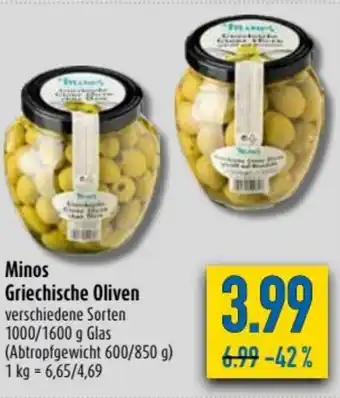 diska Minos Griechische Oliven 1000/1600g Glas Angebot