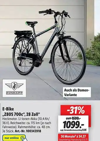 Lidl Zündapp E-bike „z80s 700c“, 28 Zoll Angebot