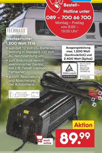 Netto Marken-Discount Technaxx Wechselrichter 1.200 Watt | TE16 Angebot