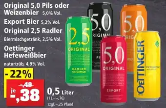 Thomas Philipps Original 5,0 Pils oder Weizenbier, Export Bier, Original 2,5 Radler oder Oettinger Hefeweißbier 0,5 Liter Angebot