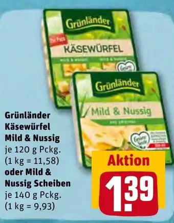 REWE Kaufpark Grünländer Käsewürfel Mild & Nussig 120 g oder Mild & Nussig Scheiben 140 g Pckg. Angebot