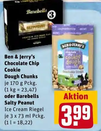 REWE Center Ben & Jerry's Chocolate Chip Cookie Dough Chunks 170 g oder Barebells Salty Peanut 3x73 ml Pckg. Angebot