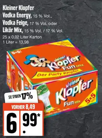 Edeka Kleiner Klopfer Vodka Energy, Vodka Feige oder Likör Mix 25x0,02 Liter Karton Angebot