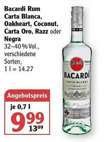 Globus Bacardi Rum Carta Blanca Oakheart Coconut Carta Oro Oder Negra Angebot