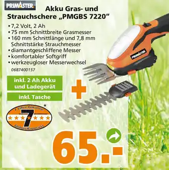 Globus Baumarkt Primaster Akku Gras und Strauchschere ,,PMGBS 7220" Angebot