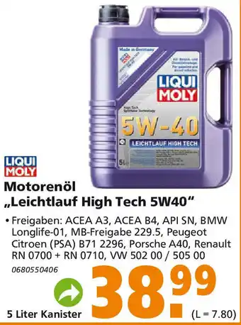 Globus Baumarkt Liqui Moly Motorenöl ,,Leichtlauf High Tech 5W40" 5 Liter Kanister Angebot