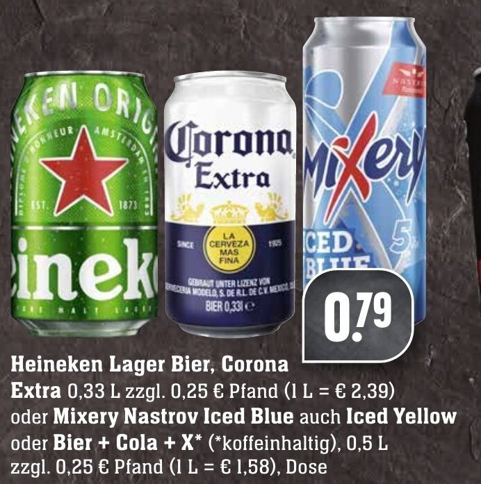 Heineken Lager Bier, Corona Extra 0,33 L oder Mixery Nastrov Iced Blue ...