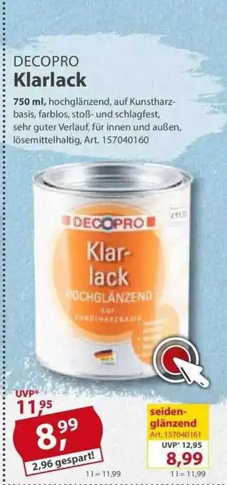 Sonderpreis Baumarkt Decopro Klarlack Angebot