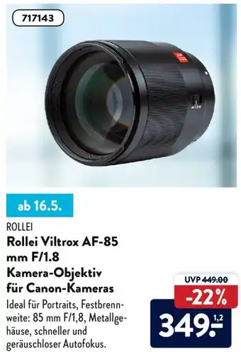 Aldi Süd Rollei Viltrox AF-85 mm F/1.8 Kamera Objektiv für Canon Kameras Angebot