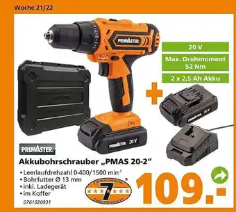 Globus Baumarkt Akkubohrschrauber „pmas 20-2” Primaster Angebot