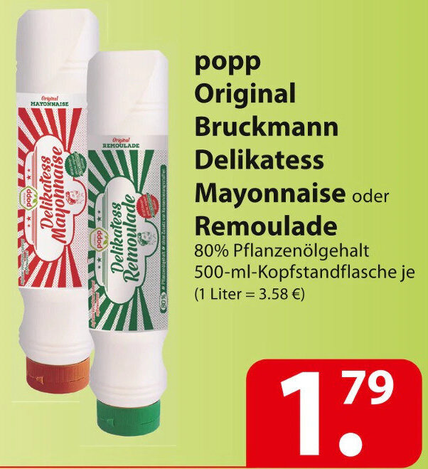 Popp Original Bruckmann Delikatess Mayonnaise oder Remoulade 500 ml