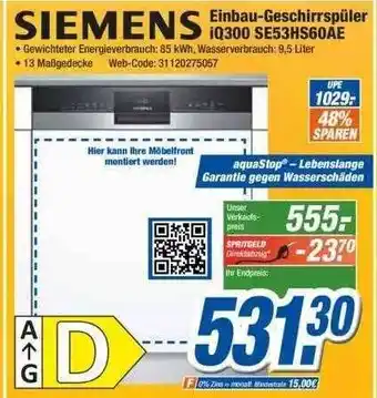 Expert Klein Siemens Einbau-geschirrspüler Iq300 Se53hs60ae Angebot