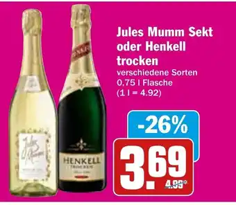 Hit Jules Mumm Sekt o. Henkell trocken 750ml Angebot