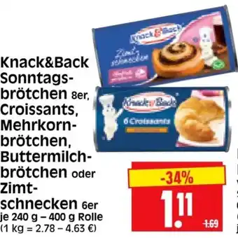 Edeka Herkules Knack & Back Sonntagsbrötchen 8er, Croissants, Mehrkornbrötchen, Buttermilchbrötchen oder Zimtschnecken 6er 240 g-400 g Rolle Angebot