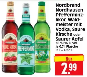 Edeka Herkules Nordbrand Nordhausen Pfefferminzlikör, Waldmeister mit Vodka, Saure Kirsche oder Saurer Apfel 0,7 l Flasche Angebot